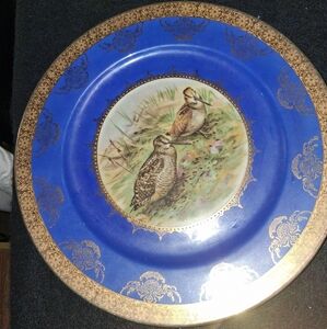 Blue and Gold Decorative Plates with Bird Design Set Of 2